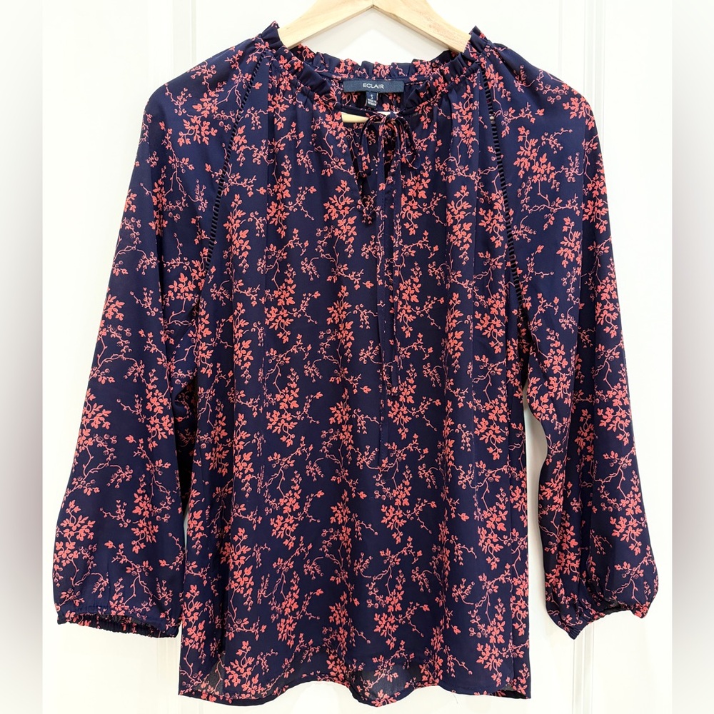 Dark Blue and Coral Patterned Blouse